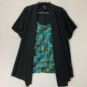 Carole Little Black Blue Layered Stretch Knit Short Sleeve Top 2X Office